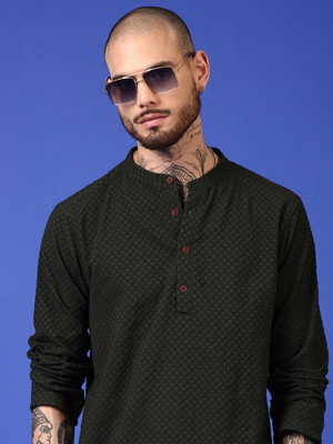Voroxy Men Self Design Straight Kurta(Green)