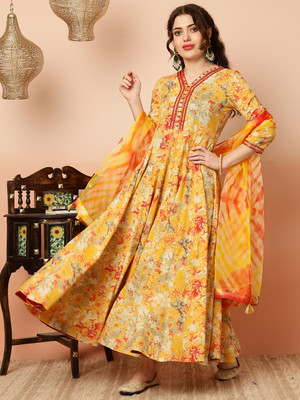 Gulmohar Jaipur Women Printed Flared Kurta(Yellow)