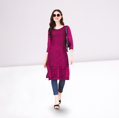 URUFASHIIONMART Women Self Design Straight Kurta(Purple)