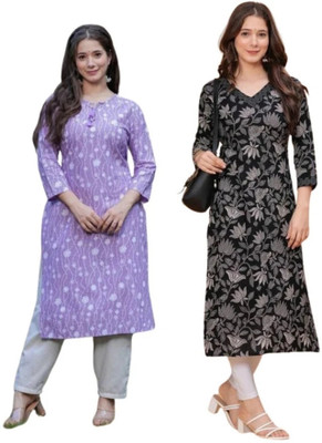 Anmi Printed Women Straight Kurta(Purple, Black)