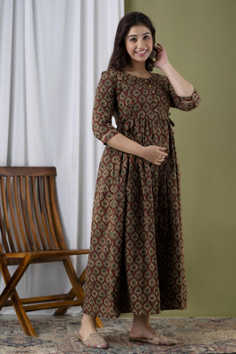 Tulsiram Women Printed Anarkali Kurta(Brown)