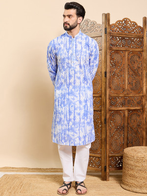 House of Pataudi Men Printed Straight Kurta(Light Blue)