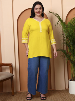 Yash Gallery Women Embroidered Straight Kurta(Yellow)