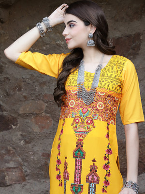 1 Stop Fashion Women Printed Straight Kurta(Yellow)