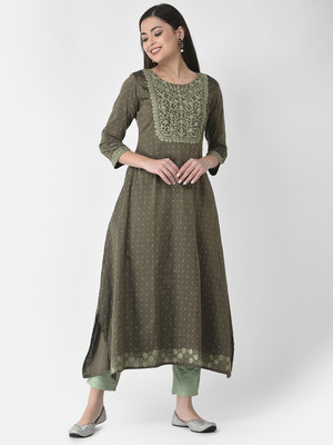 Span Women Self Design A-line Kurta(Green)