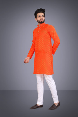 Artisan Men Printed Straight Kurta(Orange)