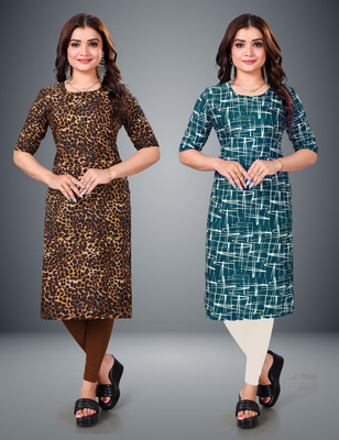 MOBHISA Women Printed Straight Kurta(Light Blue)