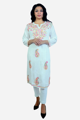 Sidra handicraft Women Chikan Embroidery Straight Kurta(White)