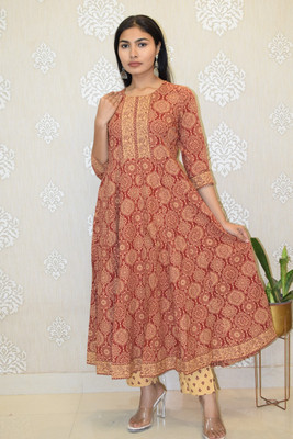 JAIPUR HAND BLOCK Women Block Print Anarkali Kurta(Maroon)