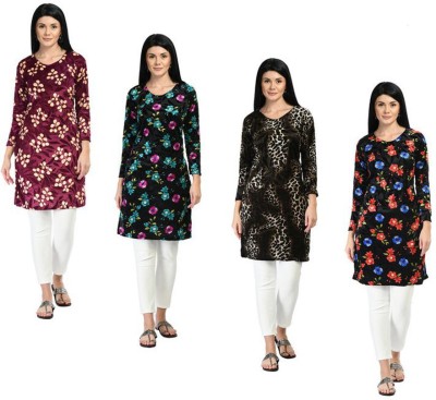 KAVYA Women Floral Print Straight Kurta(Purple, Dark Green, Light Blue)