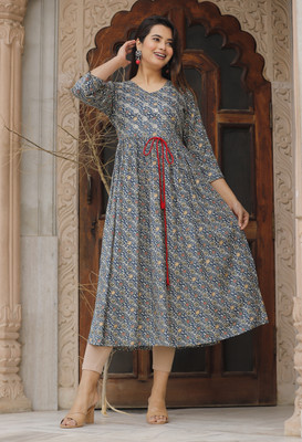 Shri Krishna Print Women Embroidered A-line Kurta(Blue)