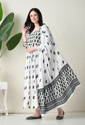 AO services Women Printed Anarkali Kurta(White)