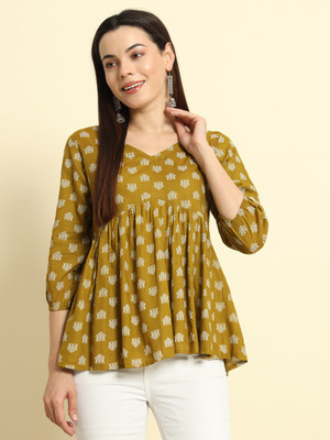 Gulmehendi Women Floral Print Flared Kurta(Green)