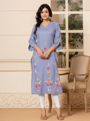 Yufta Women Floral Print Straight Kurta(Blue)