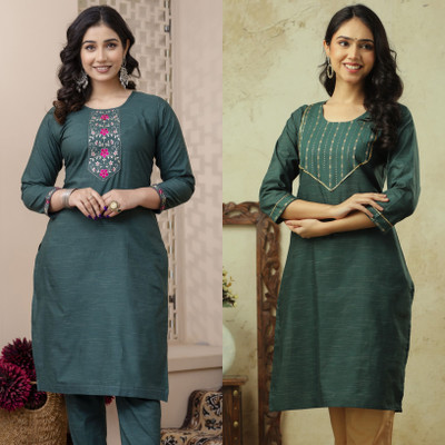 AUZAAI COLLECTION Women Embroidered Straight Kurta(Grey, Dark Green)