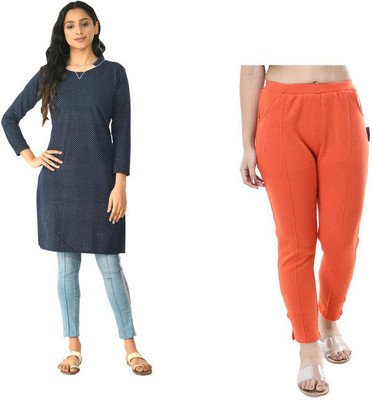 IndiWeaves Women Printed Straight Kurta(Dark Blue, Orange)