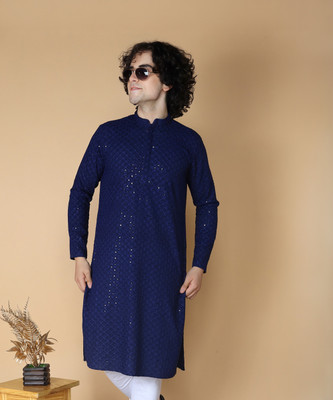Namaskar Men Chikan Embroidery Straight Kurta(Blue)
