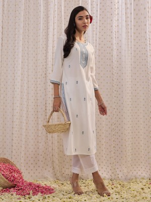 Indo Era Women Embroidered Straight Kurta(White)