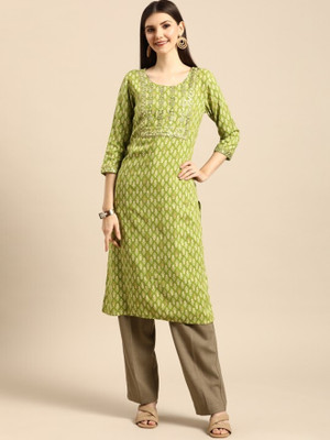 ANOUK Women Embroidered Straight Kurta(Green)