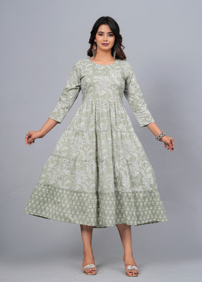 DAMMODE Women Printed Anarkali Kurta(Light Green)