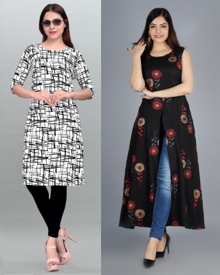 maruti fab Women Floral Print Flared Kurta(Black, White)