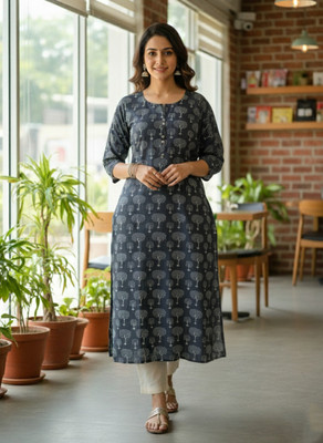 Kurtiking Women Floral Print Straight Kurta(Blue)