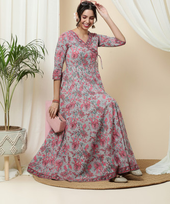 Gulmohar Jaipur Women Printed Flared Kurta(Grey)