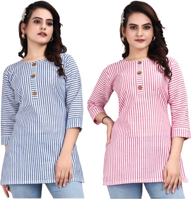 FABTOWN Women Printed Straight Kurta(Pink, White, Blue)