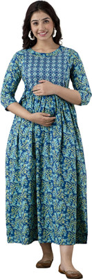 ANUOM Women Printed Flared Kurta(Blue)