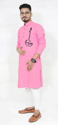 Rainbow Cloths Men Printed Straight Kurta(Pink)