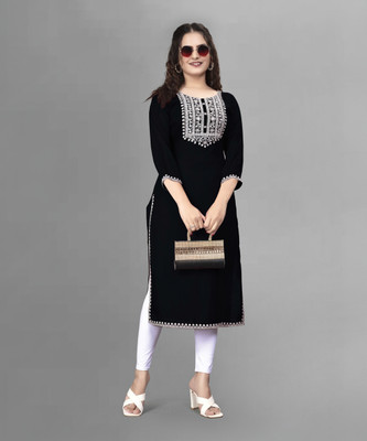 PATDOM Women Embroidered A-line Kurta(Black, White)