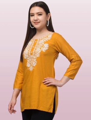 ShazamMart Women Embroidered Straight Kurta(Yellow, White)