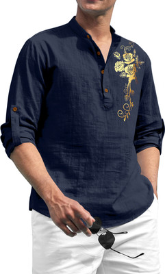 SHOPYCLICK Men Printed Straight Kurta(Dark Blue)