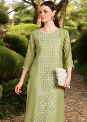 Ladylaz Women Embroidered Straight Kurta(Green)