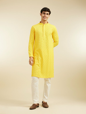 DIWAS by Manyavar Men Embroidered Straight Kurta(Yellow)