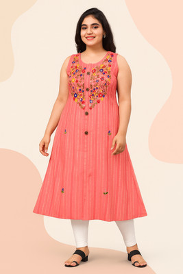 M two S Women Self Design A-line Kurta(Orange)