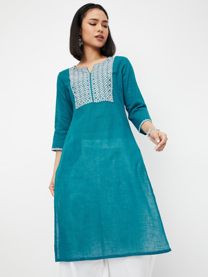 MAX Women Embroidered A-line Kurta(Blue)