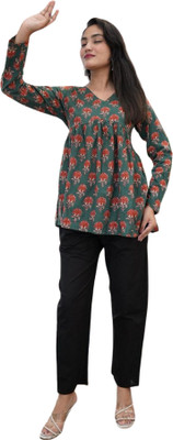 HouseofRivaa Casual Floral Print, Printed Women Dark Green Top