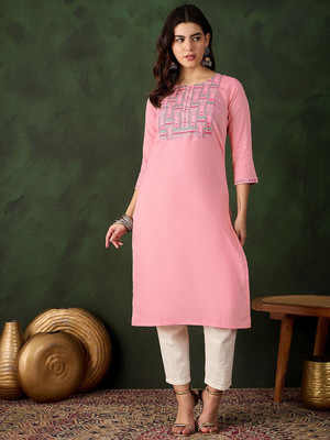 Sangria Women Embroidered Straight Kurta(Orange)