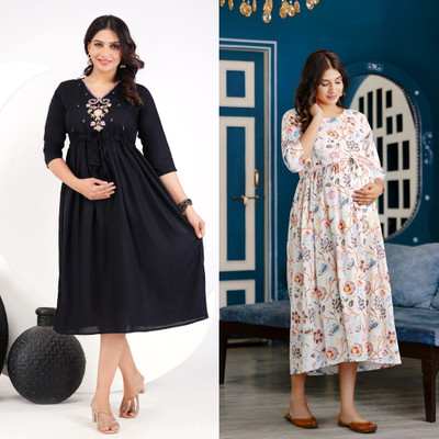 Khoj Bagda Women Printed Anarkali Kurta(Black)