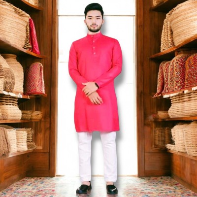 St Khalil Chikankari Men Solid Straight Kurta(Red)