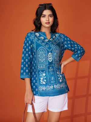 KAFTANIZE Women Geometric Print Straight Kurta(Blue)
