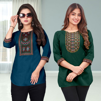 FSR Women Solid, Embroidered A-line Kurta(Multicolor)