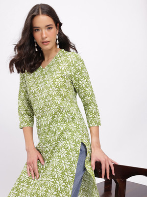 Anouk Rustic Women Floral Print Straight Kurta(Green)