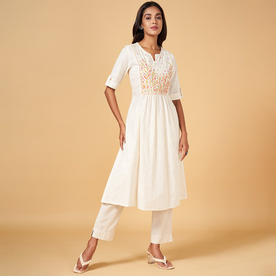 Rangmanch by Pantaloons Women Embroidered A-line Kurta(White)