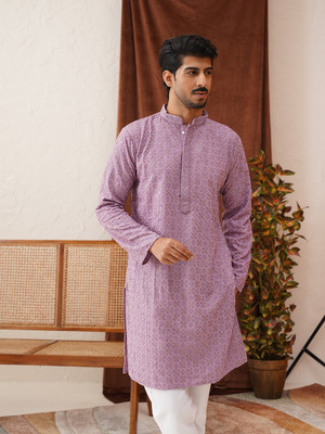 Jompers Men Embroidered, Checkered Straight Kurta(Purple)