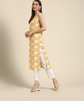 Jixpox Women Floral Print Straight Kurta(Yellow)