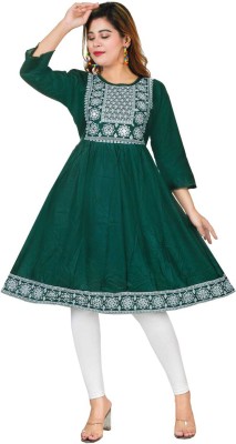 BURBN Girls Embroidered A-line Kurta(Dark Green)