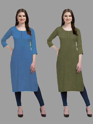 HOFC Women Solid Straight Kurta(Light Blue, Green)
