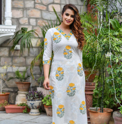 Bharat Origin Women Printed A-line Kurta(White, Yellow, Blue)